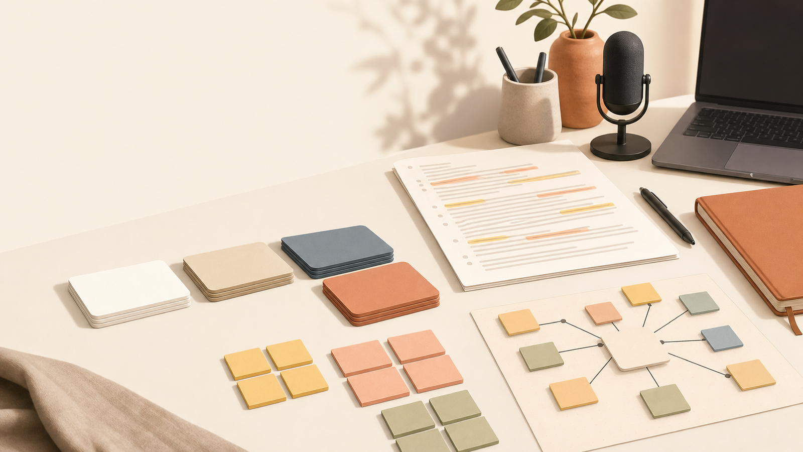 Warm editorial illustration of customer interview prompt cards, transcript highlights, and insight sticky notes connected in a simple map.