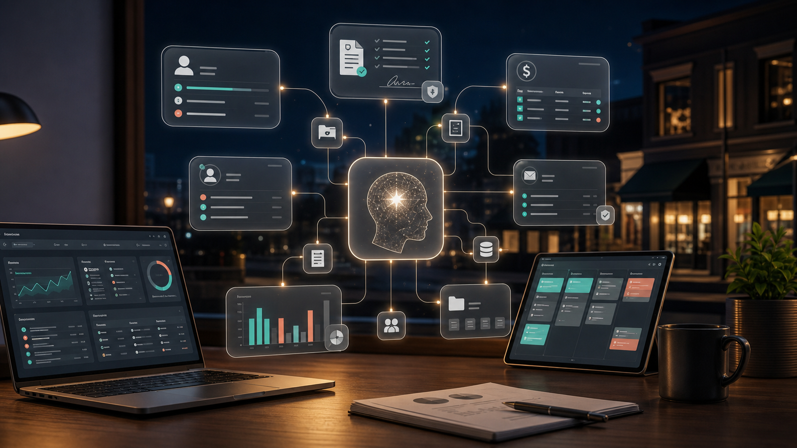 Futuristic small-business operations desk with an AI assistant core connected to finance, sales, marketing, documents, and customer workflow panels.